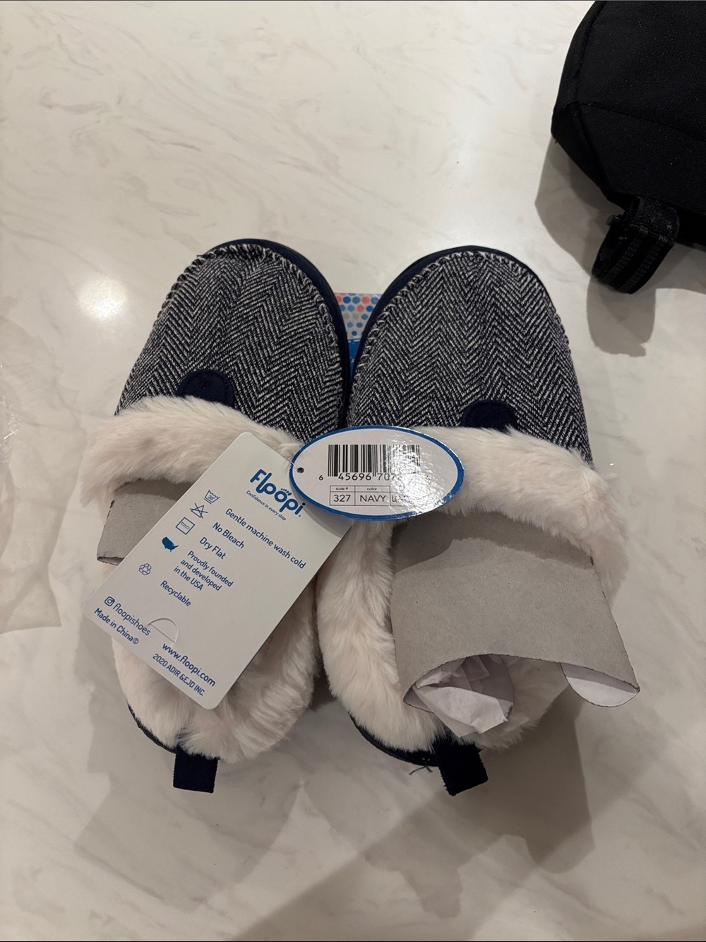 Floppi Navy Herringbone Faux Fur Slippers